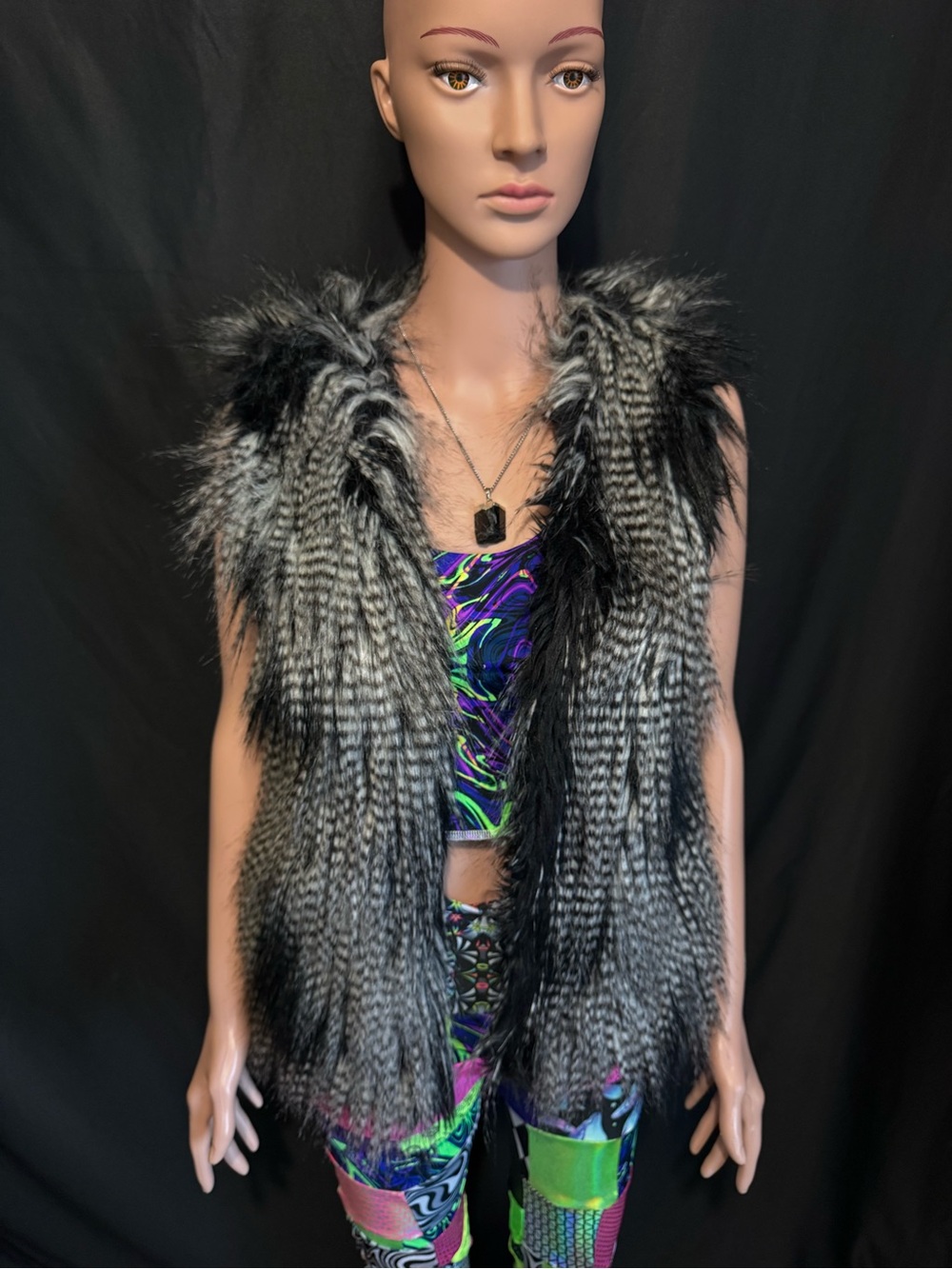 H&M Black and Gray Faux Fur Vest